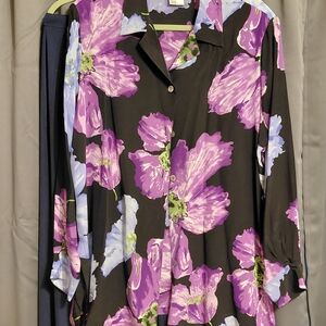 100% Silk 2 Piece Victor Costa Black Shirt with Purple and Blue Floral Design